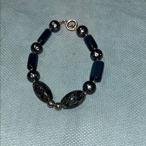Gold-Clasp Navy and Hematite Beaded Bracelet